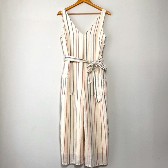 Cotton Linen Striped Sleeveless V Neck Wide Leg Jumpsuit - Picture 2 of 11